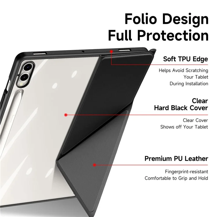 DUX DUCIS Magi Series for Samsung Galaxy Tab S10 Plus Case Origami Stand Leather+PC+TPU Clear Back Cover - Black