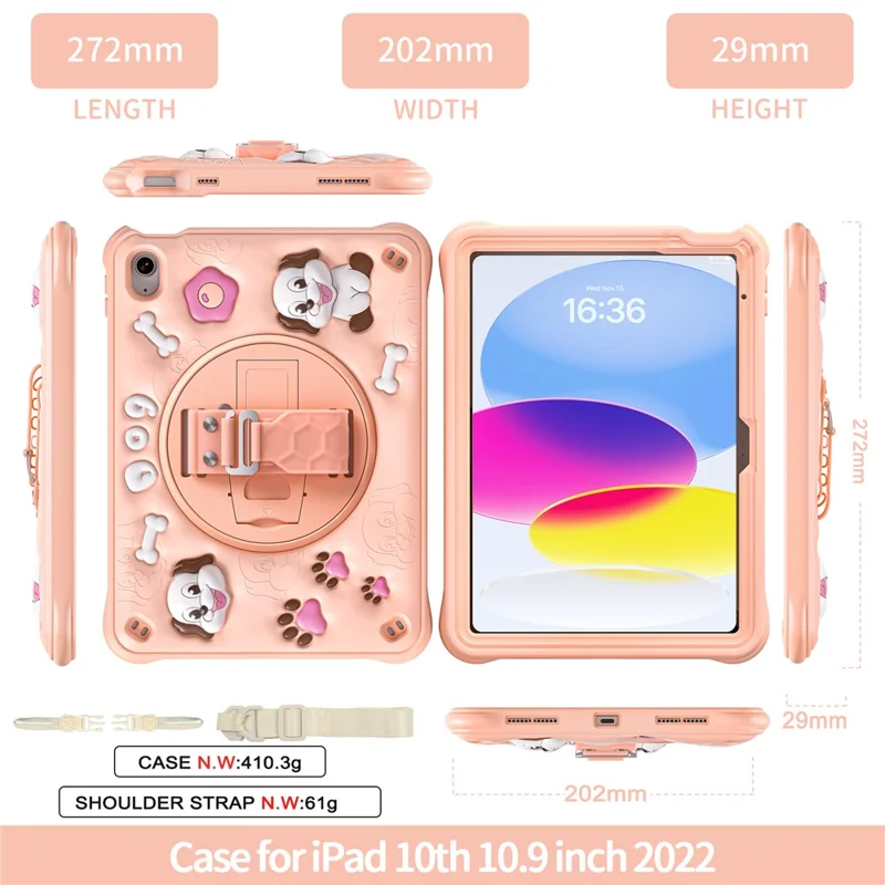 For iPad (2025) / 10.9 (2022) Case with Shoulder Strap Kickstand Cute Dog PC+Silicone+TPU Tablet Cover