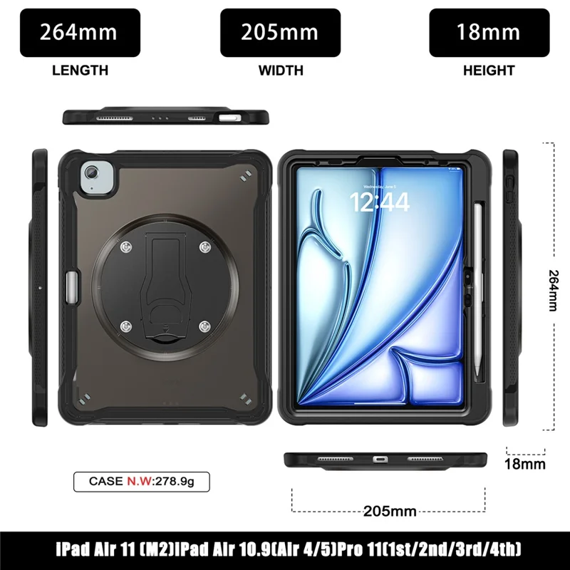 per ipad air 11 (2024) / air (2022) /(2020) / ipad pro 11 (2022) /(2021) /(2020) /(2018) case kickstand pc+silicone+copertina tablet tpu - nero trasparente