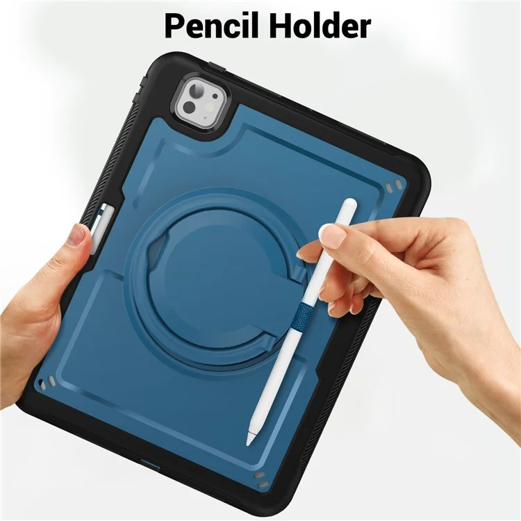 Для Ipad Pro 11 (2024) M4 A2836 Case PC+TPU Plackstend Pablest с Держателем Карандаша, Плечевым Ремнем - Темно-синий