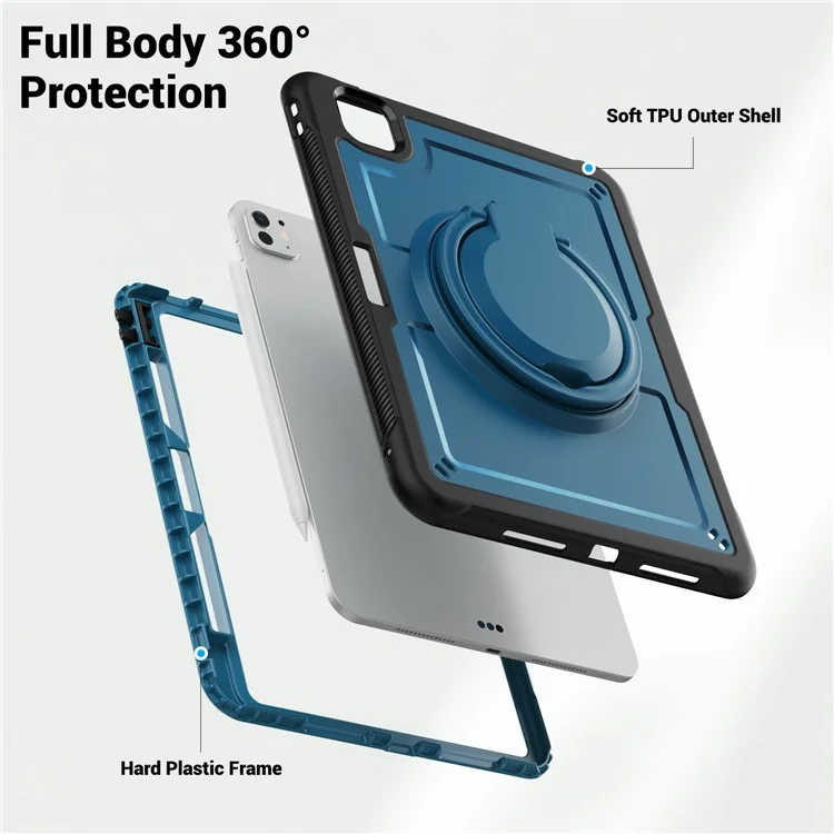 Для Ipad Pro 11 (2024) M4 A2836 Case PC+TPU Plackstend Pablest с Держателем Карандаша, Плечевым Ремнем - Темно-синий
