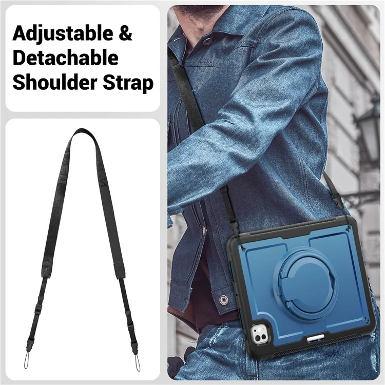 Для Ipad Pro 11 (2024) M4 A2836 Case PC+TPU Plackstend Pablest с Держателем Карандаша, Плечевым Ремнем - Темно-синий