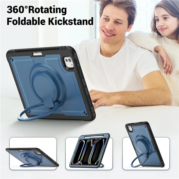 Для Ipad Pro 11 (2024) M4 A2836 Case PC+TPU Plackstend Pablest с Держателем Карандаша, Плечевым Ремнем - Темно-синий