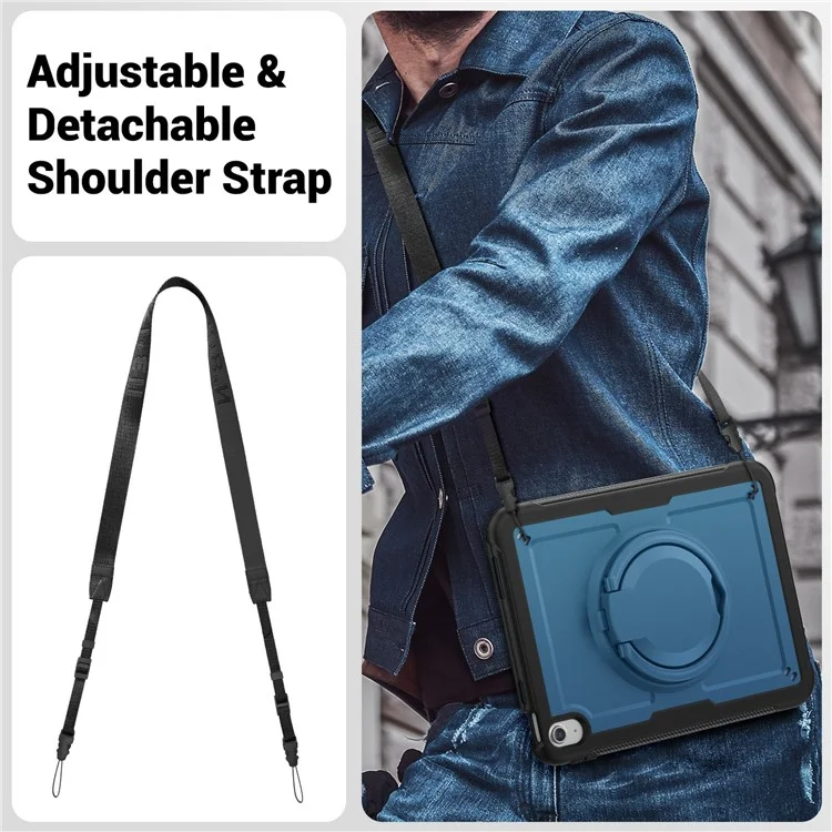 Para Ipad 10.9 (2022) Case PC+TPU Kickstand Tablet Tampa Com Porta -lápis, Alça de Ombro - Azul-marinho