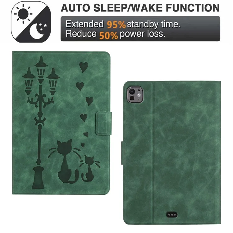 Pour Ipad Pro 11 (2024) Case Cat Cat Cat Imprimé de la Tablette Intelligente en Cuir Microfibre - Vert