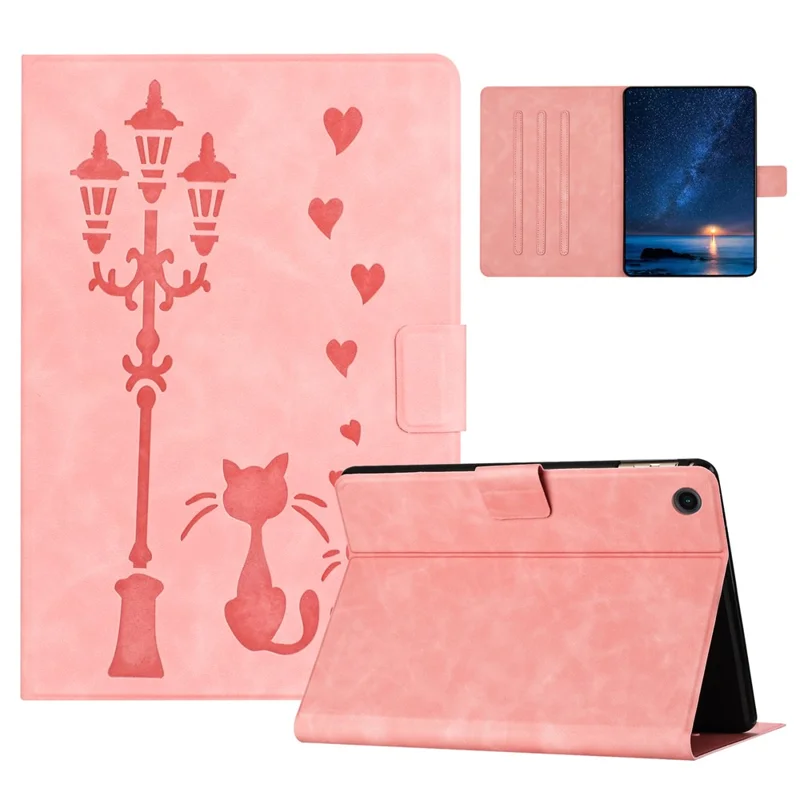 For Samsung Galaxy Tab A11 / A9 Case Couple Cat Imprinted Microfiber Leather Smart Tablet Cover - Pink