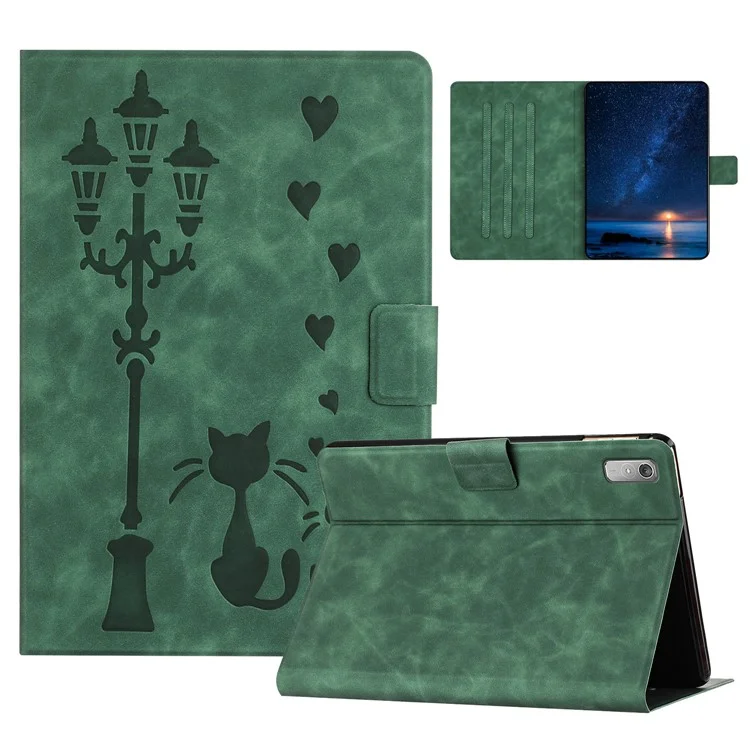 Per Lenovo Tab P11 Gen 2 TB-350 Case Coppia Cat Copertina in Pelle in Pelle in Microfibra Impressa - Verde
