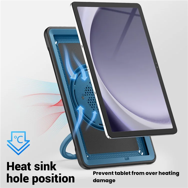 Для Samsung Galaxy Tab A9+ SM-X210 / X216 / X218 Case Kickstand PC+TPU Планшета с Ремешком, Держатель Карандаша - Темно-синий