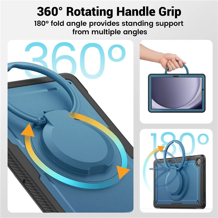 Для Samsung Galaxy Tab A9+ SM-X210 / X216 / X218 Case Kickstand PC+TPU Планшета с Ремешком, Держатель Карандаша - Темно-синий