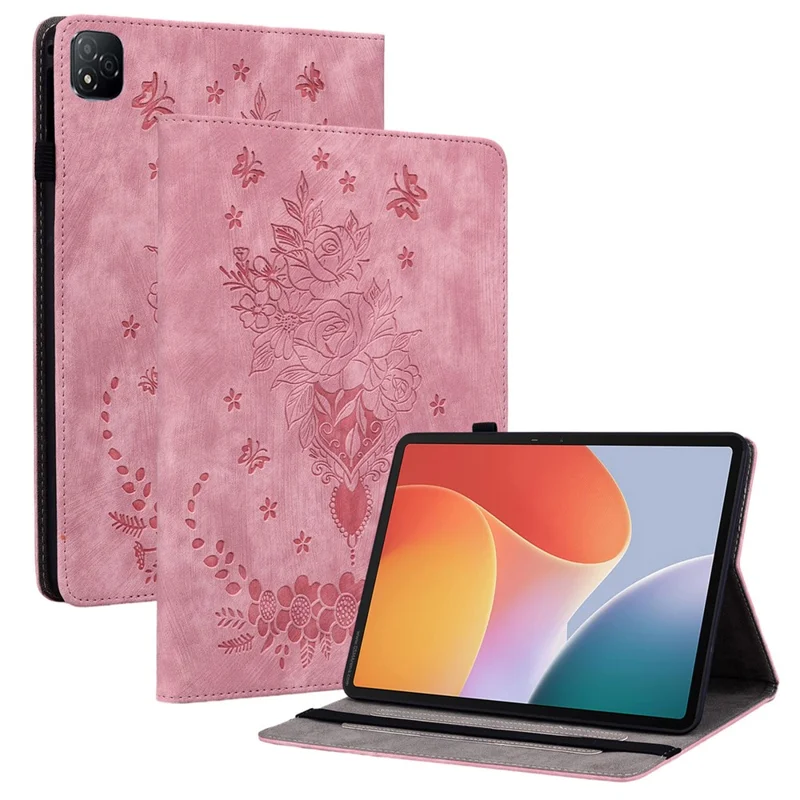 For Infinix Xpad Case Card Holder Anti-Scratch Leather Cover Rose Flower Imprint - Pink