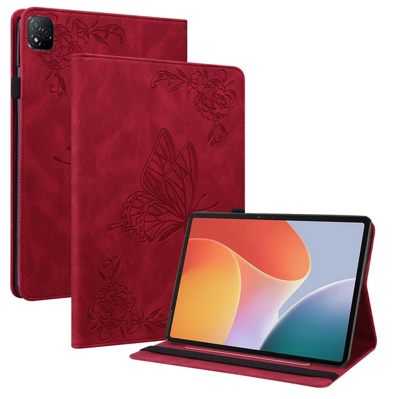 For Infinix Xpad Case Butterfly Flower Imprint PU Leather Tablet Cover with Card Slots - Red