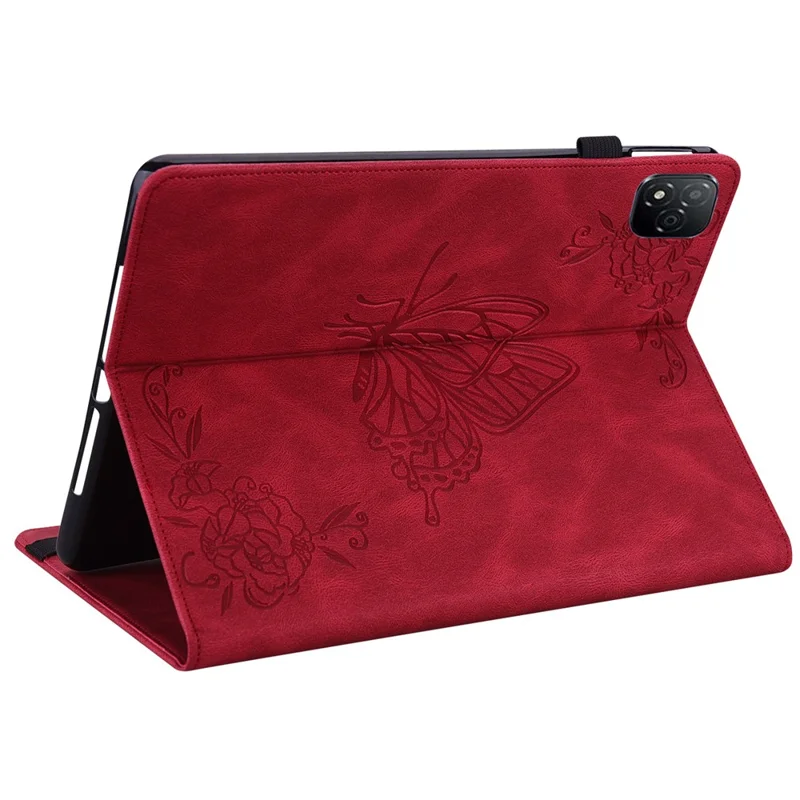 For Infinix Xpad Case Butterfly Flower Imprint PU Leather Tablet Cover with Card Slots - Red