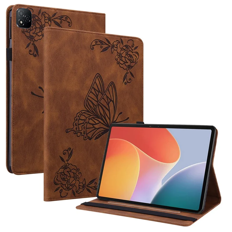 For Infinix Xpad Case Butterfly Flower Imprint PU Leather Tablet Cover with Card Slots - Brown