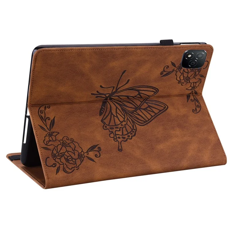 For Infinix Xpad Case Butterfly Flower Imprint PU Leather Tablet Cover with Card Slots - Brown
