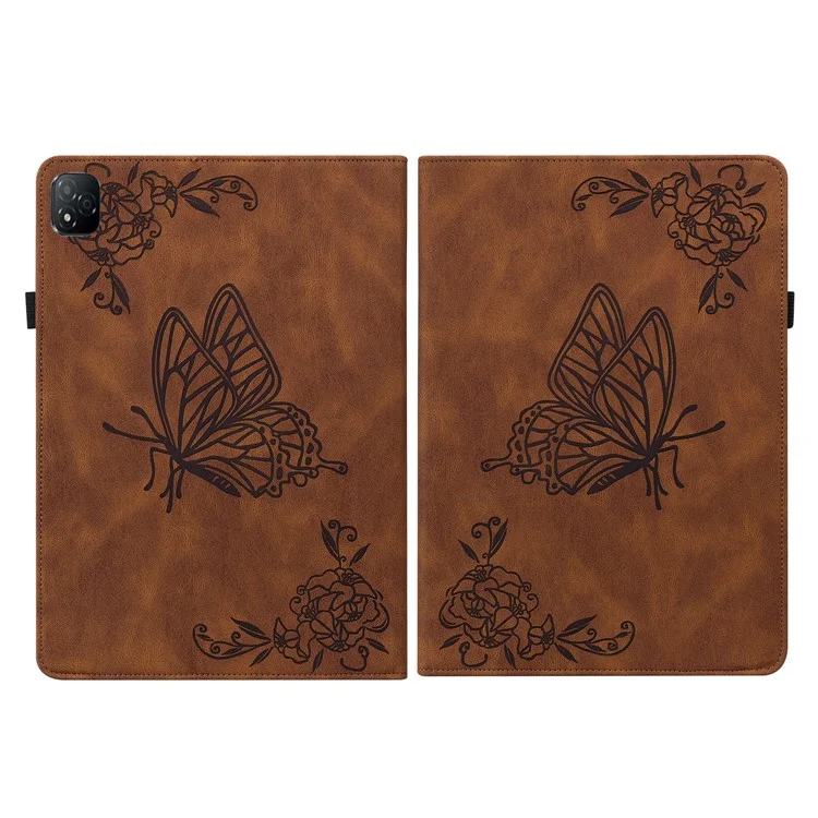 For Infinix Xpad Case Butterfly Flower Imprint PU Leather Tablet Cover with Card Slots - Brown