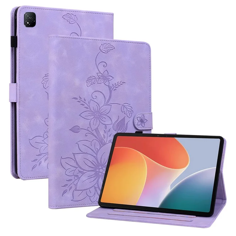 For Infinix Xpad Case Lily Flower Imprint Card Slots Leather Tablet Cover - Purple