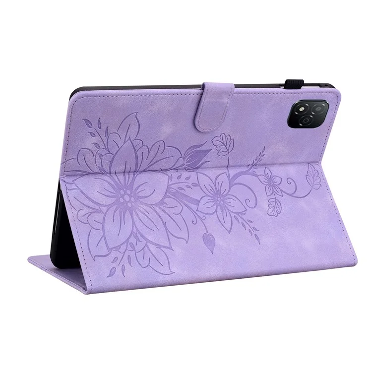 For Infinix Xpad Case Lily Flower Imprint Card Slots Leather Tablet Cover - Purple