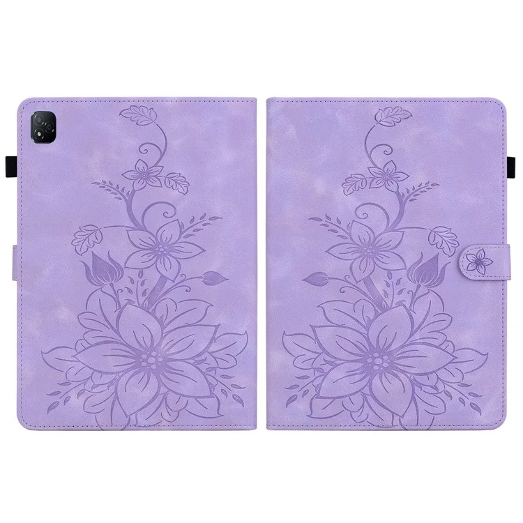 For Infinix Xpad Case Lily Flower Imprint Card Slots Leather Tablet Cover - Purple