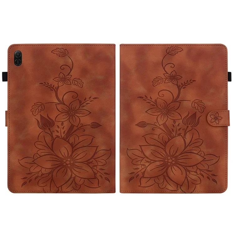 For Honor Pad X8a Case Lily Flower Imprint Card Slots Leather Tablet Cover - Brown