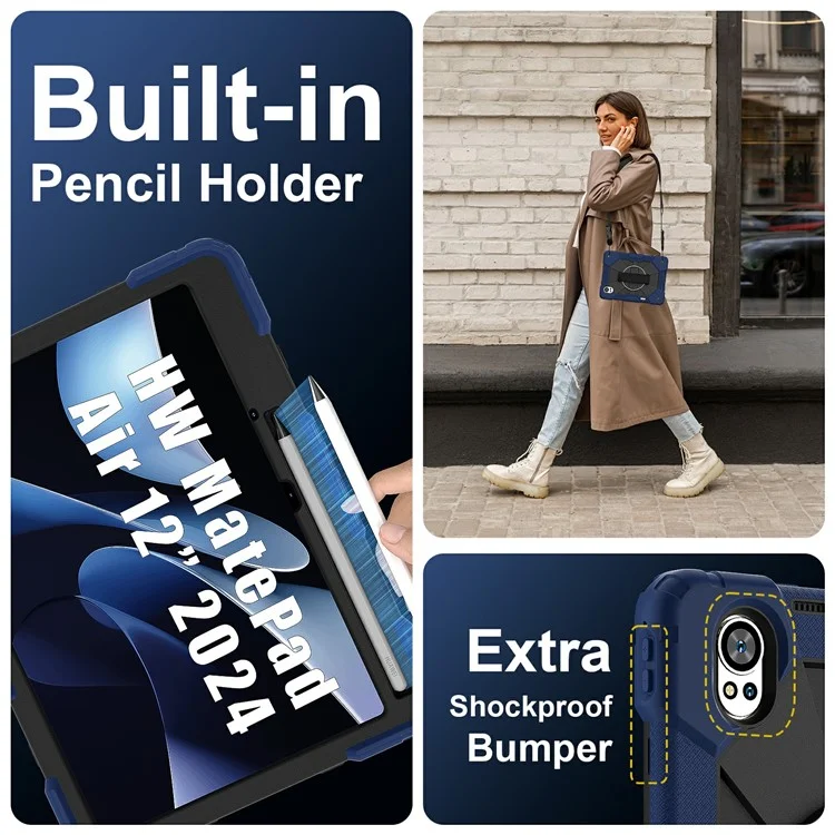 Per Huawei Matepad Air 12 (2024) Case Kickstand Silicone+PC Cover Con Spalla - Blu Navy / Nero