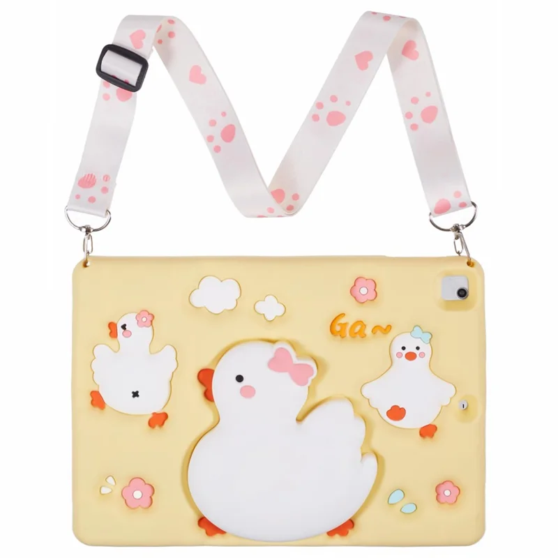 For iPad 9.7-inch (2017) / (2018) / iPad Air (2013) / Air 2 Silicone Tablet Case 3D Duck Pattern Design Protective Cover with Shoulder Strap