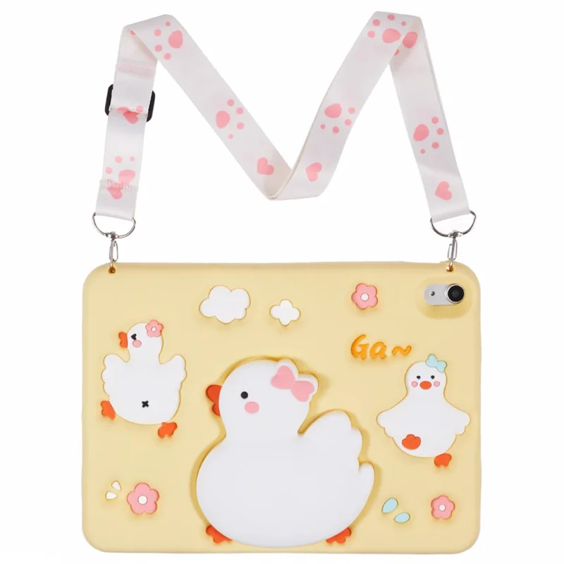 For iPad (2025) / 10.9 (2022) Silicone Tablet Case 3D Duck Pattern Design Protective Cover with Shoulder Strap