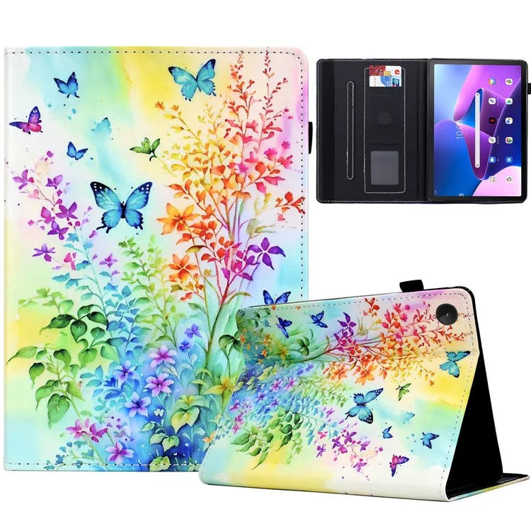 Para Lenovo M10 Plus Case Patrón de Impresión Tarra de Impresión Tapicitán de Cuero Cubierta de Soporte - Flores y Mariposas