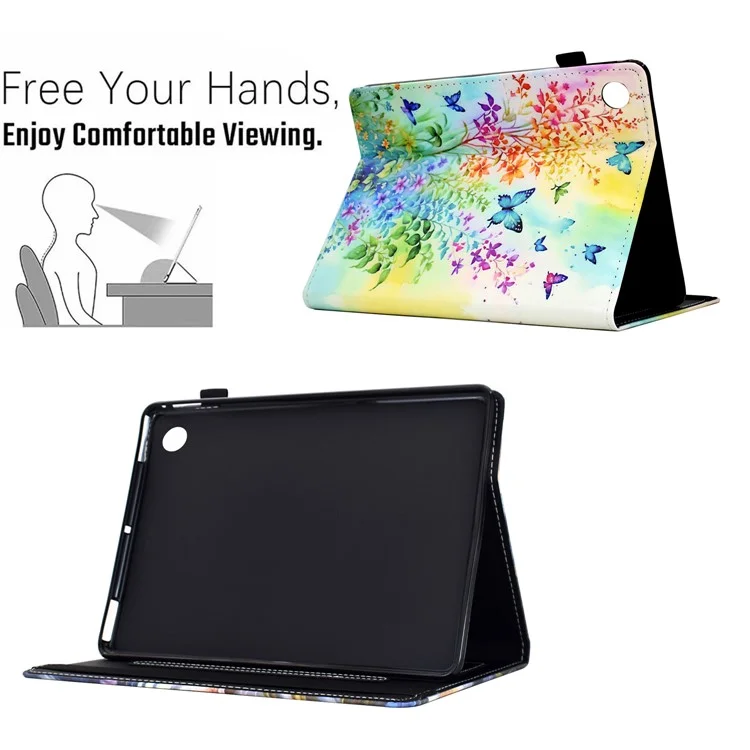 Para Lenovo M10 Plus Case Patrón de Impresión Tarra de Impresión Tapicitán de Cuero Cubierta de Soporte - Flores y Mariposas