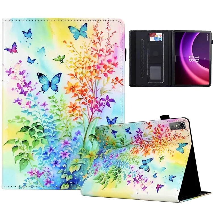 Pour Lenovo Tab P11 Gen 2 TB-350 / Xiaoxine Pad Plus (2023) Herbe Motif D'impression de Cartes D'impression du Support de Table de Tablette en Cuir - Fleurs et Papillons