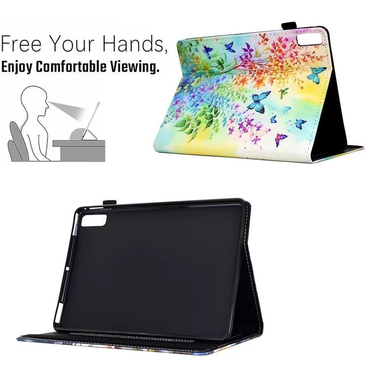 Pour Lenovo Tab P11 Gen 2 TB-350 / Xiaoxine Pad Plus (2023) Herbe Motif D'impression de Cartes D'impression du Support de Table de Tablette en Cuir - Fleurs et Papillons