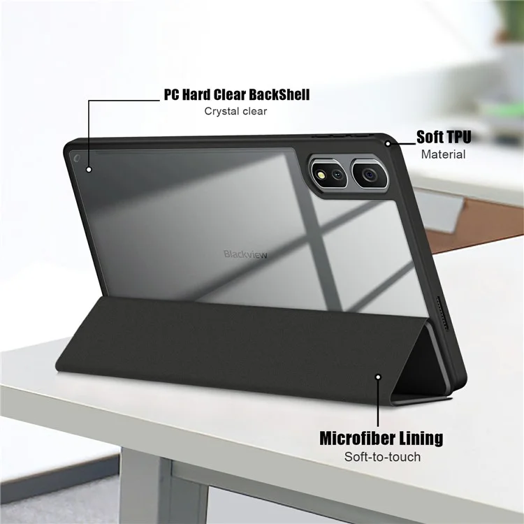 Para Blackview Tab 16 Pro Case Auto Sleep / Wake PU Leather Flip Tablet Cover Triple-Fold Stand - Black