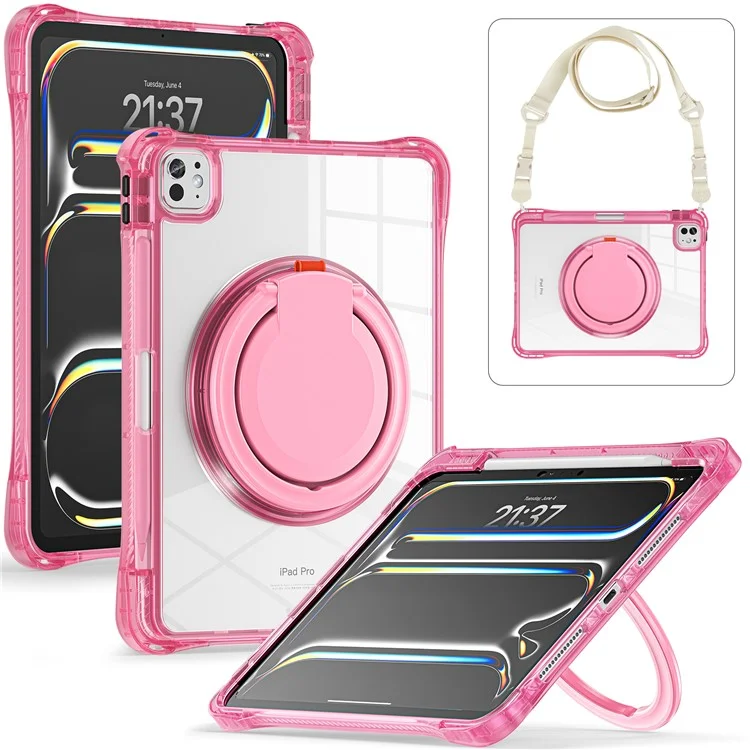 For iPad Pro 11 (2024) Case with Shoulder Strap Rotary Kickstand PC+TPU+Acrylic Tablet Cover - Rose