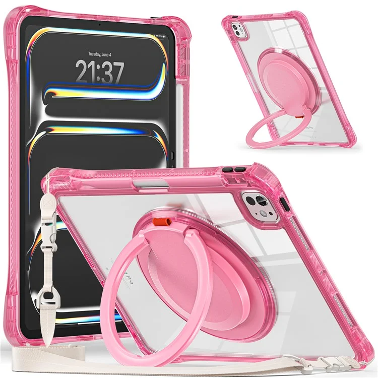 For iPad Pro 11 (2024) Case with Shoulder Strap Rotary Kickstand PC+TPU+Acrylic Tablet Cover - Rose