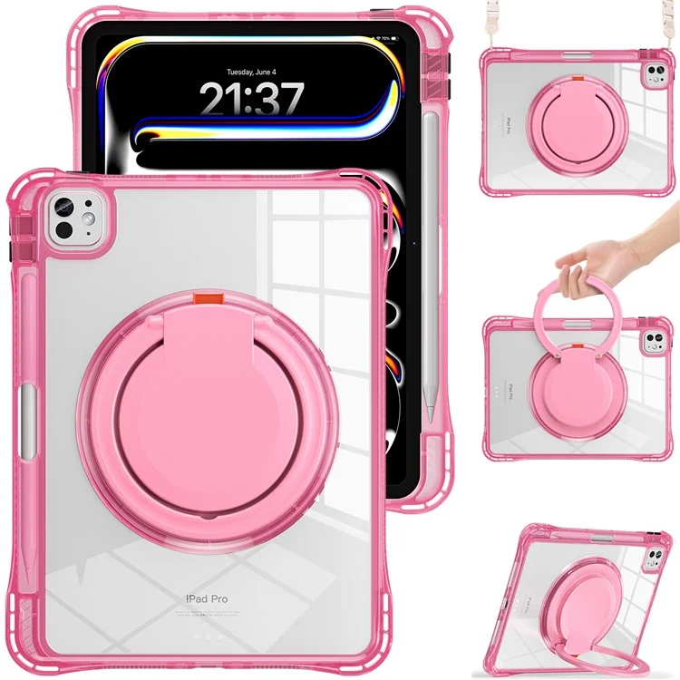 For iPad Pro 11 (2024) Case with Shoulder Strap Rotary Kickstand PC+TPU+Acrylic Tablet Cover - Rose