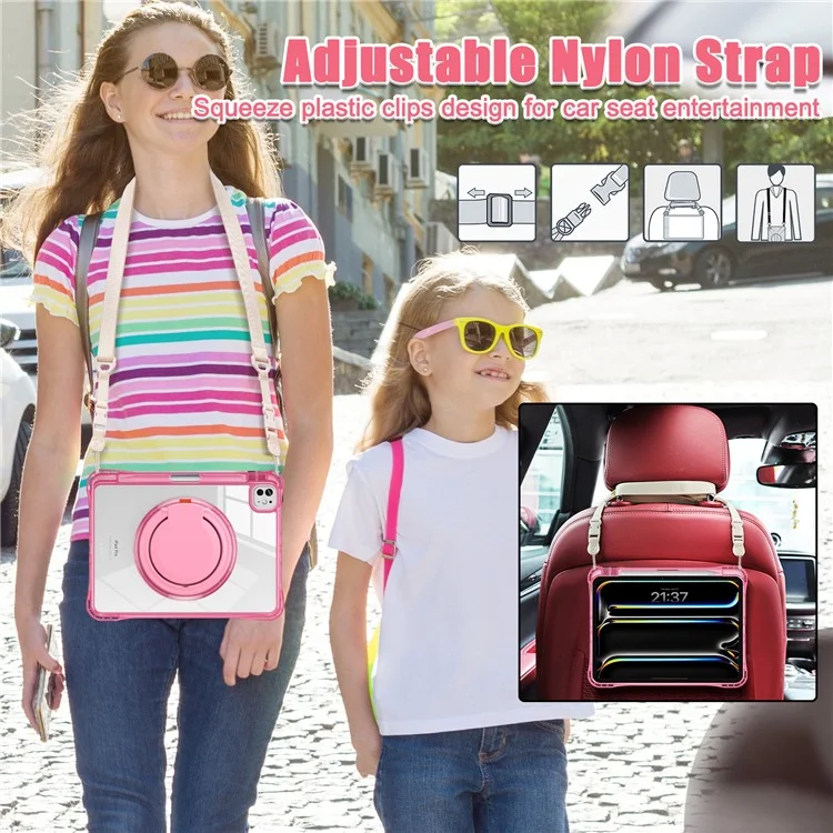 For iPad Pro 11 (2024) Case with Shoulder Strap Rotary Kickstand PC+TPU+Acrylic Tablet Cover - Rose