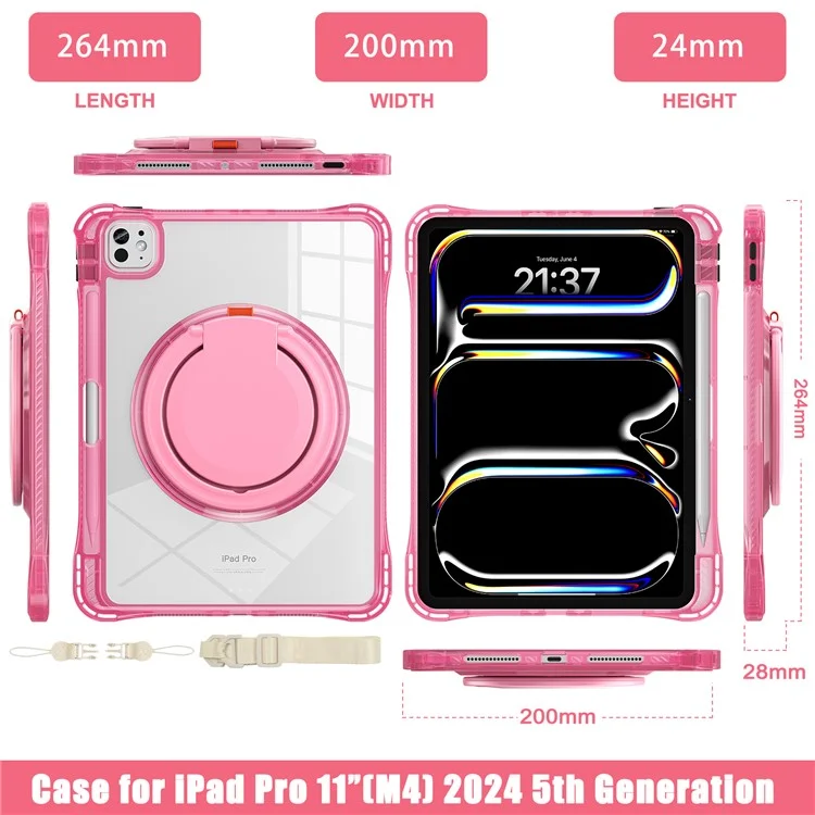 For iPad Pro 11 (2024) Case with Shoulder Strap Rotary Kickstand PC+TPU+Acrylic Tablet Cover - Rose