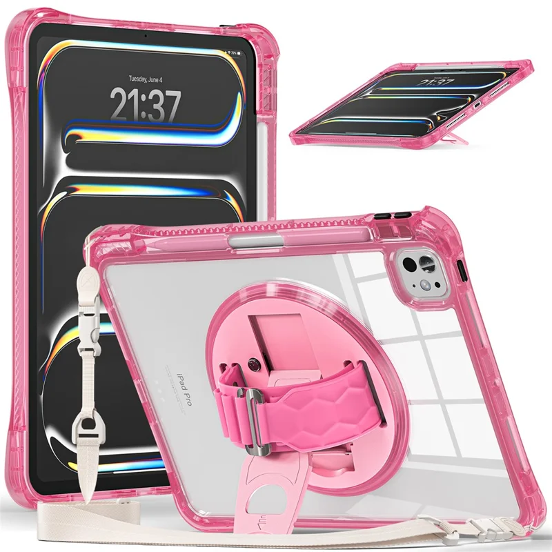 For iPad Pro 11 (2025) / 11 (2024) Kickstand Case Hand Strap PC+TPU+Acrylic Cover with Shoulder Strap - Rose