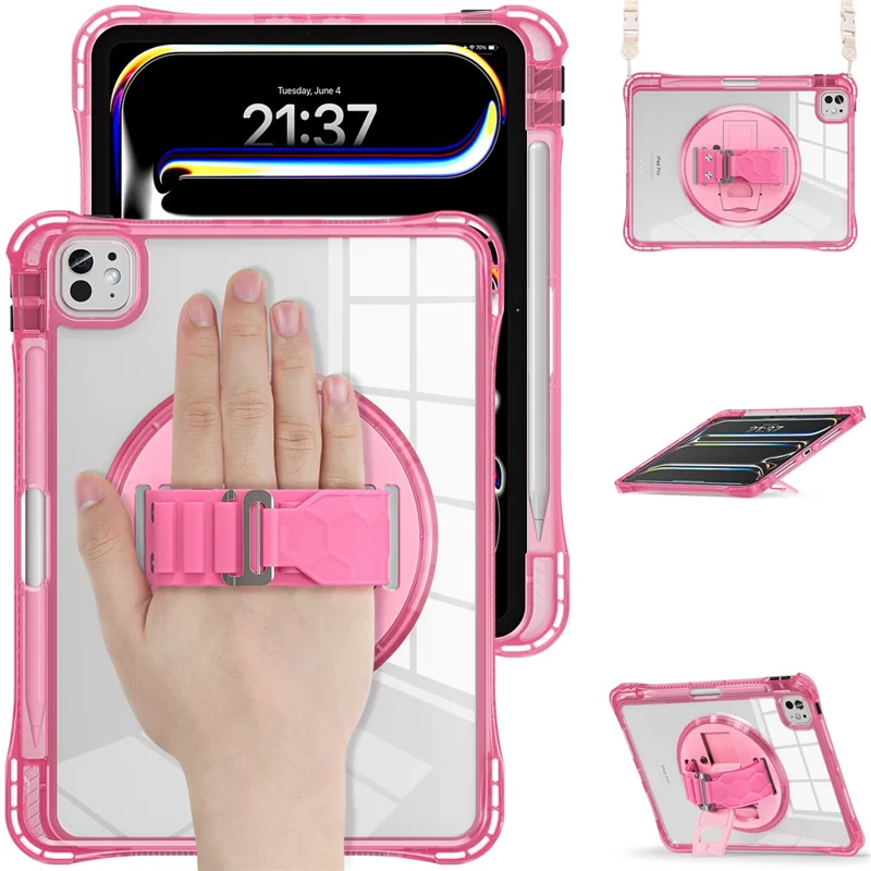 For iPad Pro 11 (2025) / 11 (2024) Kickstand Case Hand Strap PC+TPU+Acrylic Cover with Shoulder Strap - Rose