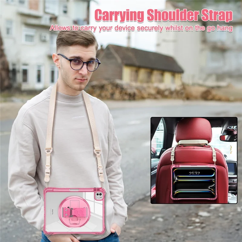 For iPad Pro 11 (2025) / 11 (2024) Kickstand Case Hand Strap PC+TPU+Acrylic Cover with Shoulder Strap - Rose