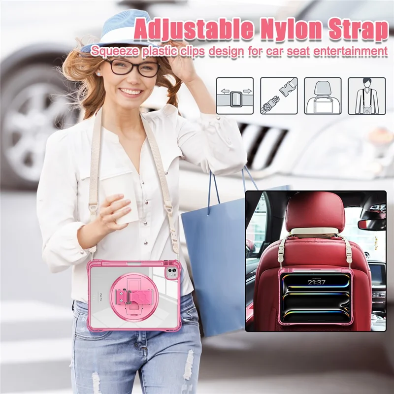 For iPad Pro 11 (2025) / 11 (2024) Kickstand Case Hand Strap PC+TPU+Acrylic Cover with Shoulder Strap - Rose
