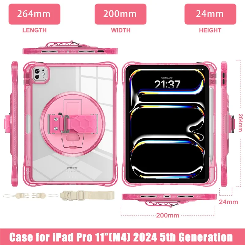 For iPad Pro 11 (2025) / 11 (2024) Kickstand Case Hand Strap PC+TPU+Acrylic Cover with Shoulder Strap - Rose