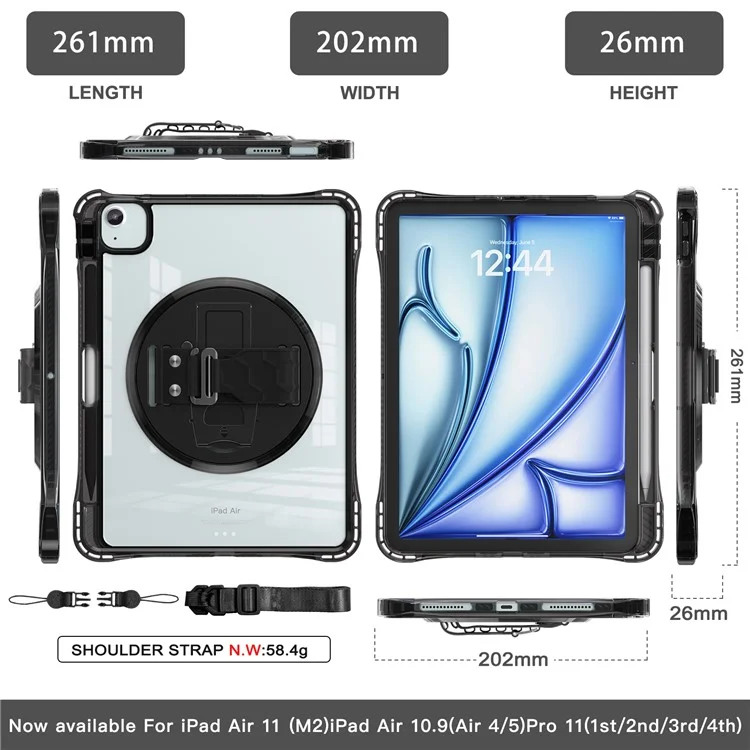 For iPad Air 11 (2025) / (2024) / Air (2022) / (2020) / Pro 11 (2022) / (2021) / (2020) / (2018) Kickstand Case with Strap - Black