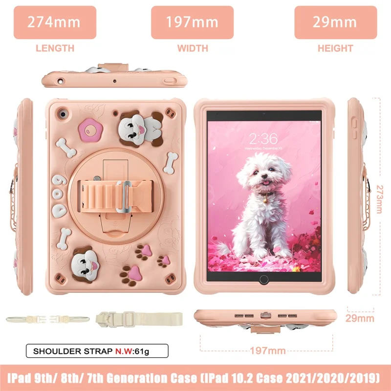 For iPad 10.2 (2021) / (2020) / (2019) Case with Shoulder Strap Kickstand Cute Dog PC+Silicone+TPU Tablet Cover