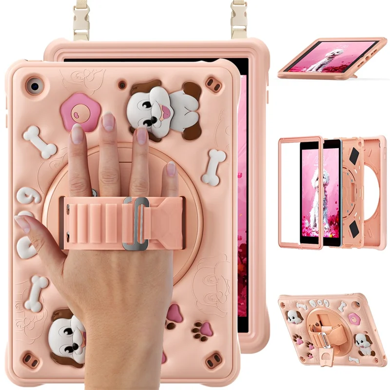 For iPad 10.2 (2021) / (2020) / (2019) Case with Shoulder Strap Kickstand Cute Dog PC+Silicone+TPU Tablet Cover