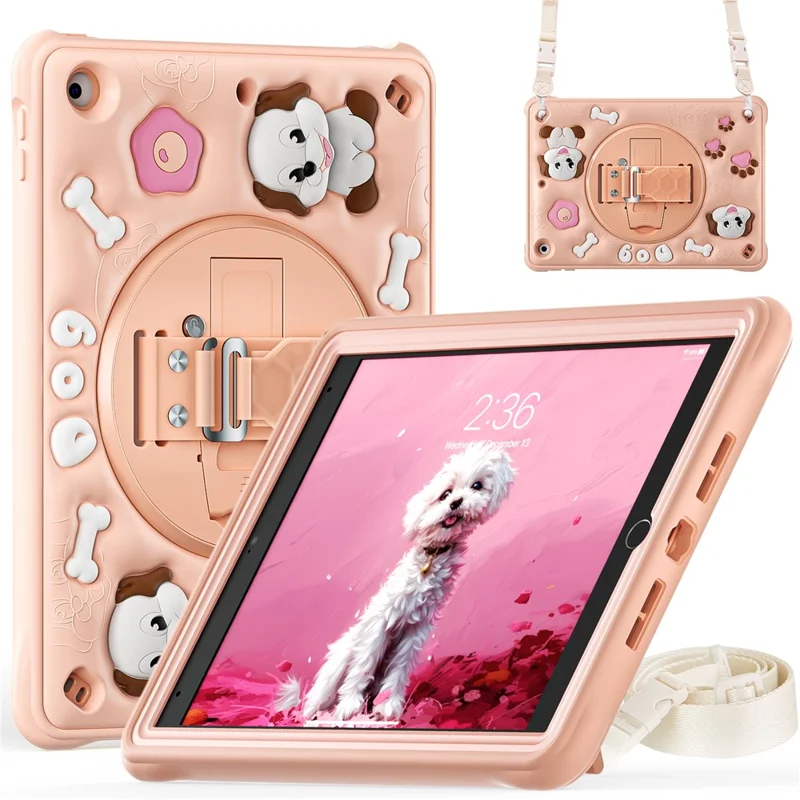 For iPad 10.2 (2021) / (2020) / (2019) Case with Shoulder Strap Kickstand Cute Dog PC+Silicone+TPU Tablet Cover