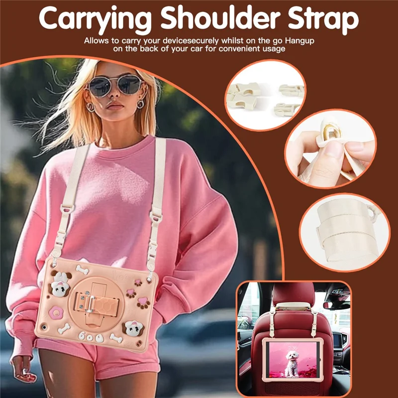 For iPad 10.2 (2021) / (2020) / (2019) Case with Shoulder Strap Kickstand Cute Dog PC+Silicone+TPU Tablet Cover