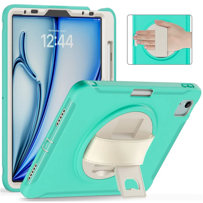 pour ipad air 11 (2024) / air (2022) / (2020) / ipad pro 11 (2022) / (2021) / (2020) / (2018) rotary kickstand pc + tpu tablet case avec sangle à main - cyan