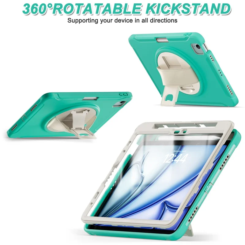 pour ipad air 11 (2024) / air (2022) / (2020) / ipad pro 11 (2022) / (2021) / (2020) / (2018) rotary kickstand pc + tpu tablet case avec sangle à main - cyan