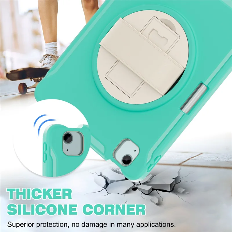 pour ipad air 11 (2024) / air (2022) / (2020) / ipad pro 11 (2022) / (2021) / (2020) / (2018) rotary kickstand pc + tpu tablet case avec sangle à main - cyan
