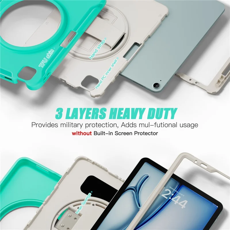 pour ipad air 11 (2024) / air (2022) / (2020) / ipad pro 11 (2022) / (2021) / (2020) / (2018) rotary kickstand pc + tpu tablet case avec sangle à main - cyan